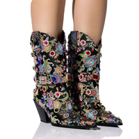 Thumbnail for Floral Gem Embroidered Mid Calf Western Boots