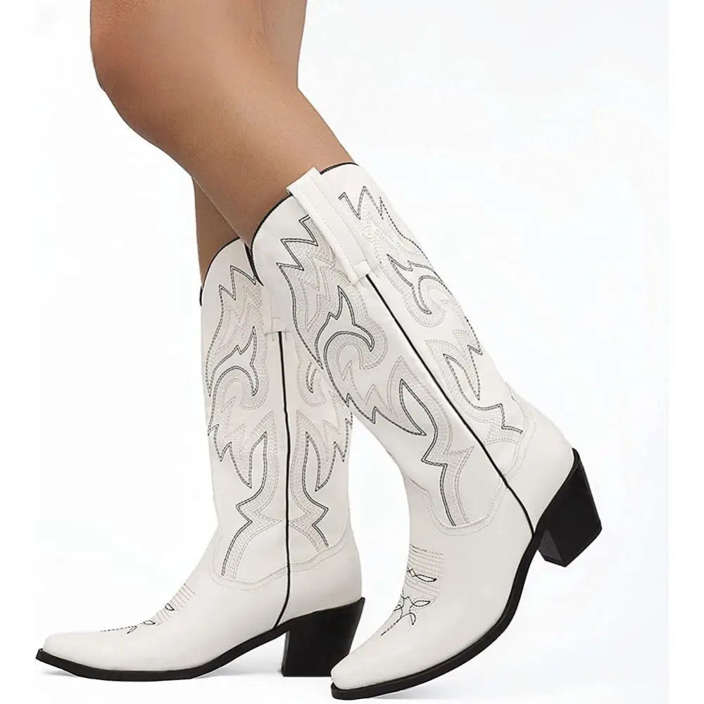 Embroidered Pointed Toe Chunky Heel Western Boots