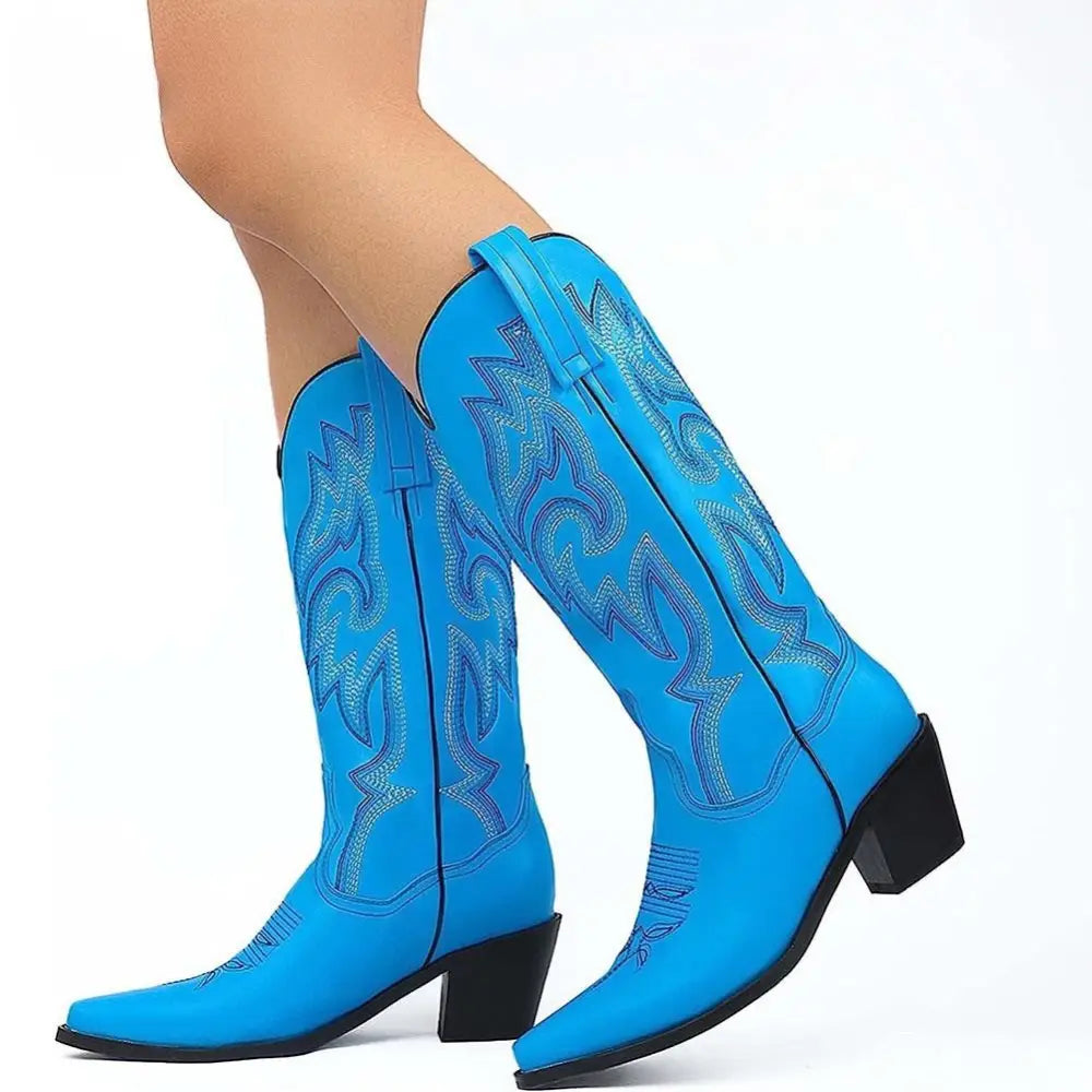 Embroidered Pointed Toe Chunky Heel Western Boots