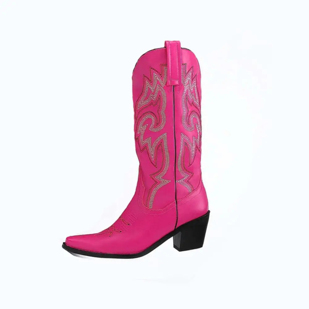 Embroidered Pointed Toe Chunky Heel Western Boots