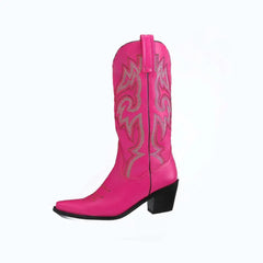 Embroidered Pointed Toe Chunky Heel Western Boots