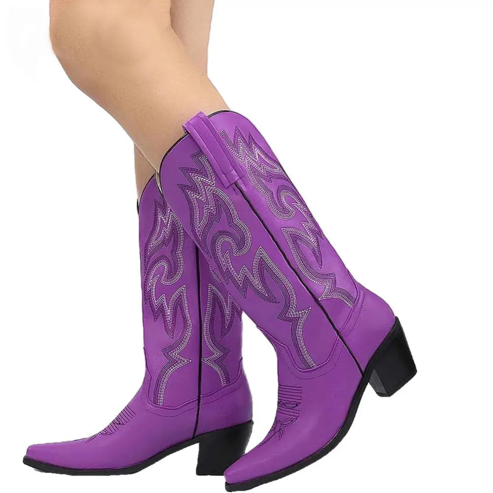 Embroidered Pointed Toe Chunky Heel Western Boots