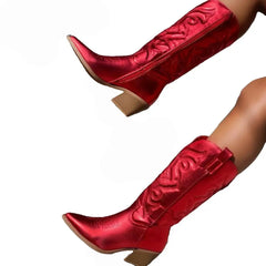 Embroidered Pointed Toe Chunky Mid Calf With Zipper Cowboy Boots