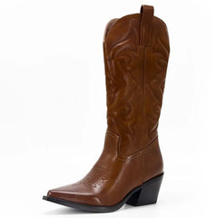 Embroidered Pointed Toe Chunky Mid Calf With Zipper Cowboy Boots