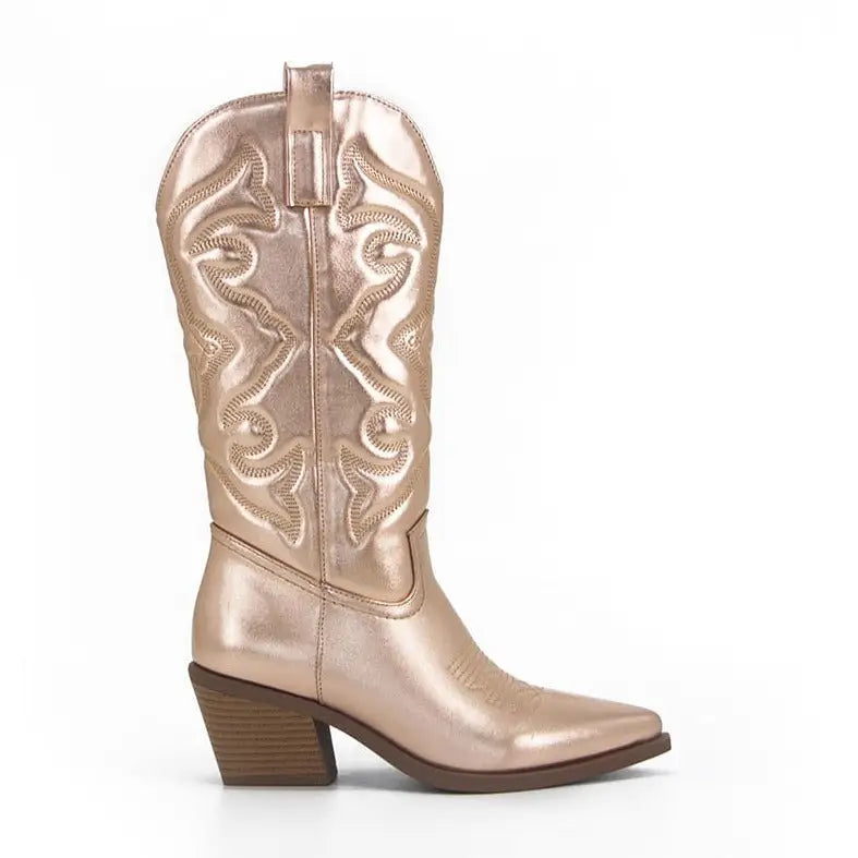 Embroidered Pointed Toe Chunky Mid Calf With Zipper Cowboy Boots