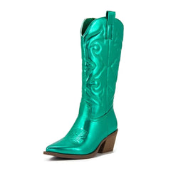 Embroidered Pointed Toe Chunky Mid Calf With Zipper Cowboy Boots