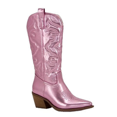 Embroidered Pointed Toe Chunky Mid Calf With Zipper Cowboy Boots