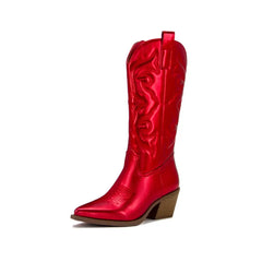 Embroidered Pointed Toe Chunky Mid Calf With Zipper Cowboy Boots