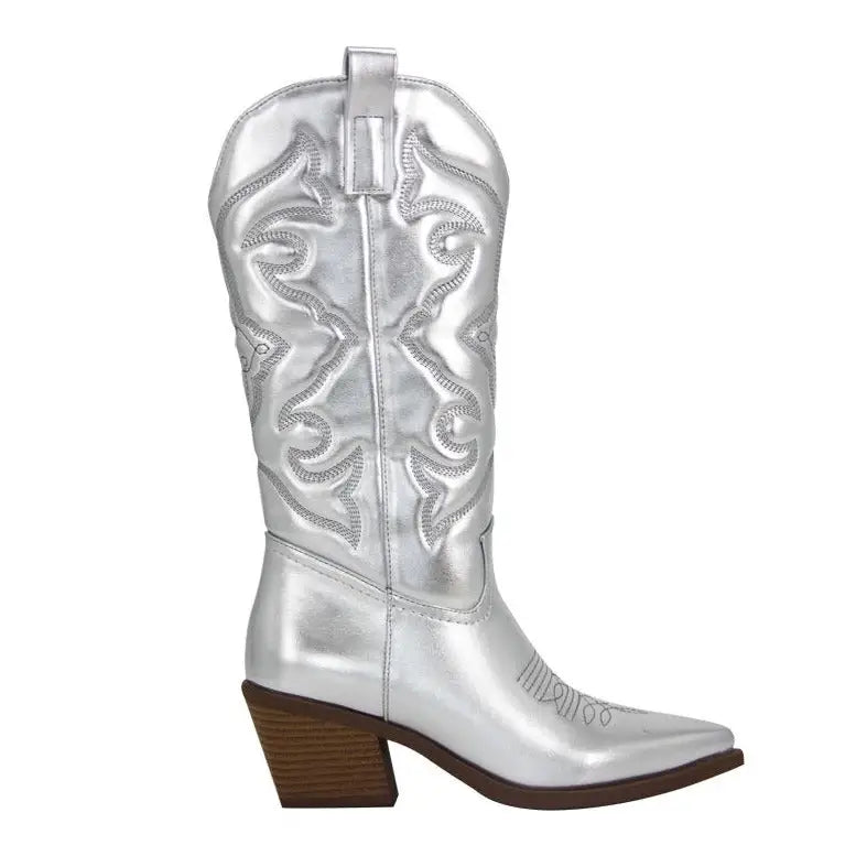 Embroidered Pointed Toe Chunky Mid Calf With Zipper Cowboy Boots