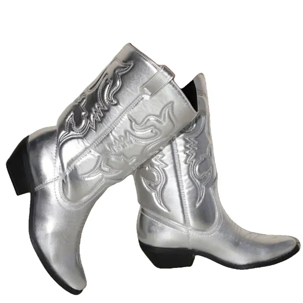 Embroidered Pointed Toe Chunky Mid Calf With Zipper Cowboy Boots