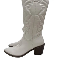 Embroidered Pointed Toe Chunky Mid Calf With Zipper Cowboy Boots