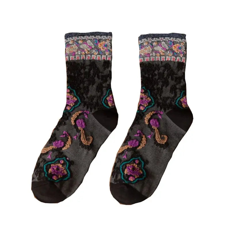 Embroidery Ethnic Flowers Socks - 1 / Black / One Size