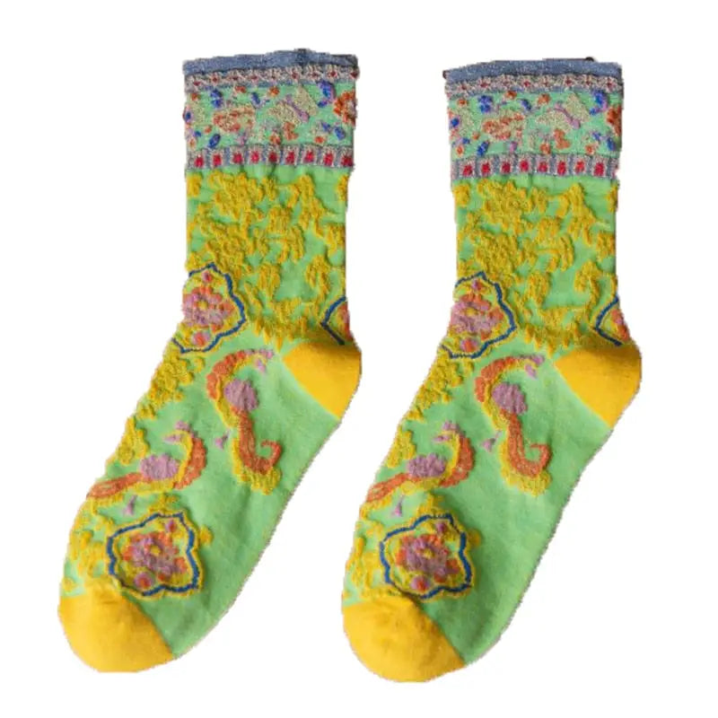 Embroidery Ethnic Flowers Socks - 1 / Neon / One Size