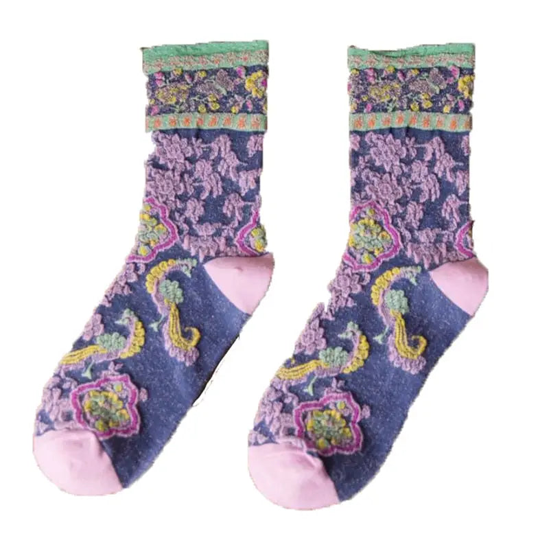 Embroidery Ethnic Flowers Socks - 1 / Purple / One Size