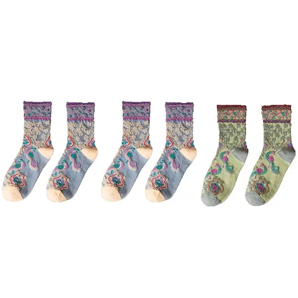 Embroidery Ethnic Flowers Socks - 3 / 2 Lillac 1 Green