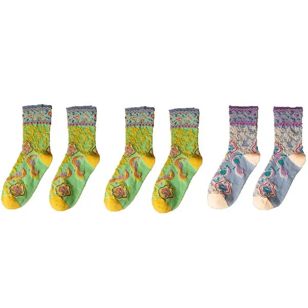 Embroidery Ethnic Flowers Socks - 3 / 2 Neon 1 Lilac