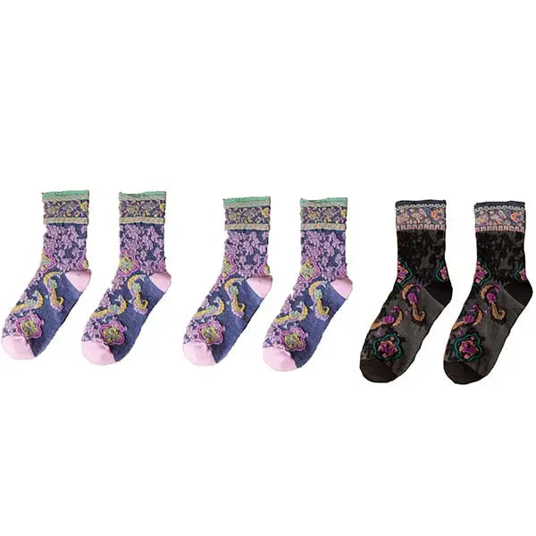 Embroidery Ethnic Flowers Socks - 3 / 2 Purple 1 Black