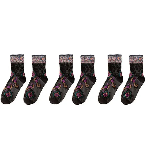 Embroidery Ethnic Flowers Socks - 3 / All Black / One Size
