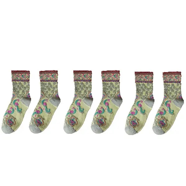 Embroidery Ethnic Flowers Socks - 3 / All Green / One Size