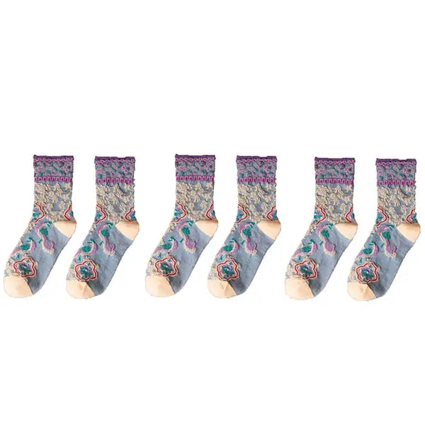 Embroidery Ethnic Flowers Socks - 3 / All Lilac / One Size
