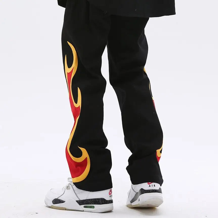 Embroidery Flame Baggy Jeans - Denim Pant