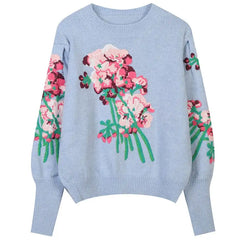 Embroidery Floral Sweater - Blue / S