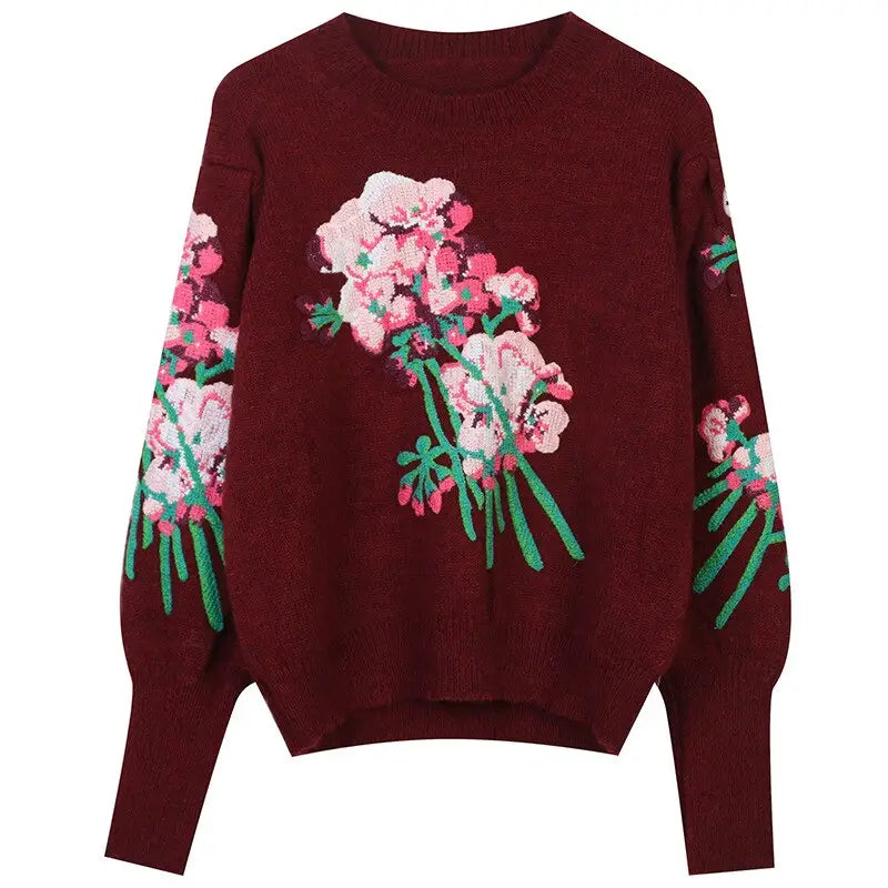 Embroidery Floral Sweater - Burgundy / S