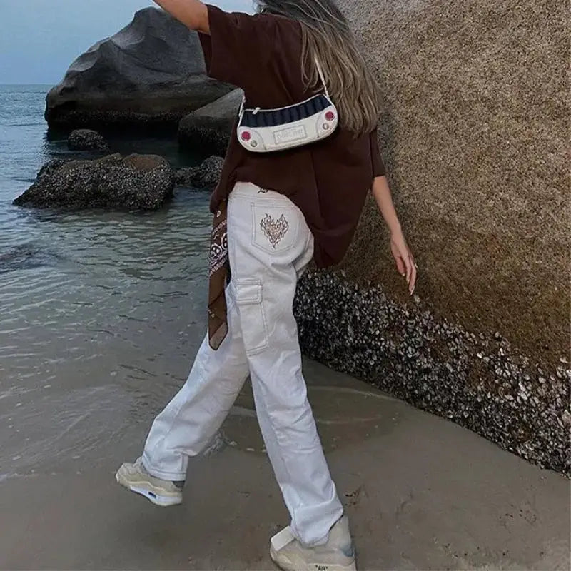 Embroidery High Waist Leg Pants Denim Jeans