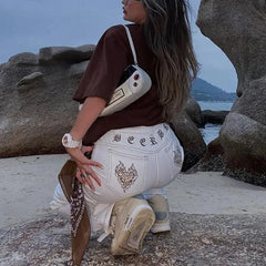 Embroidery High Waist Leg Pants Denim Jeans