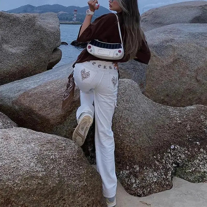 Embroidery High Waist Leg Pants Denim Jeans