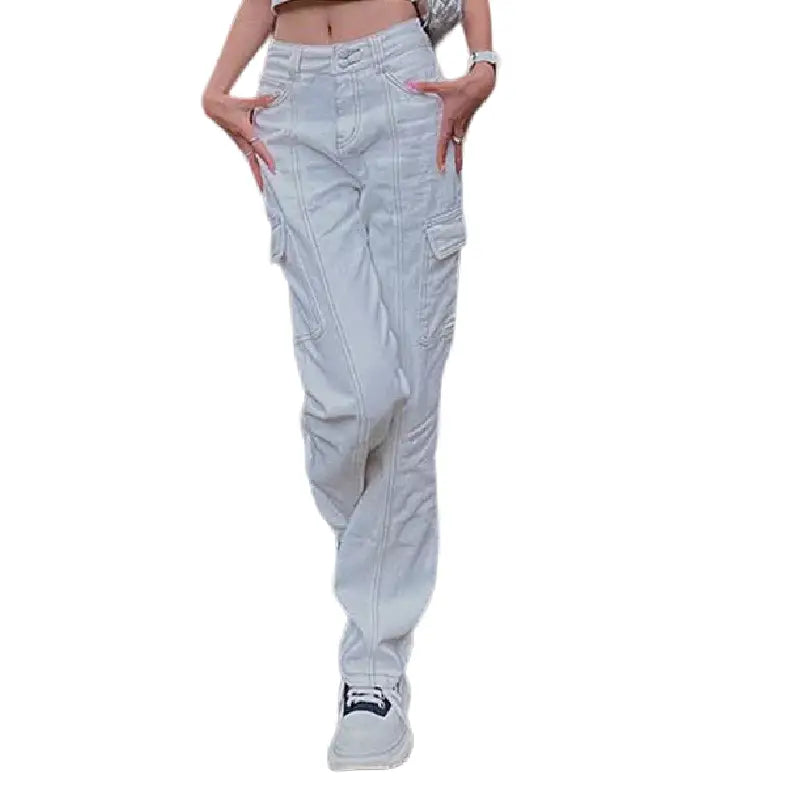 Embroidery High Waist Leg Pants Denim Jeans White / M