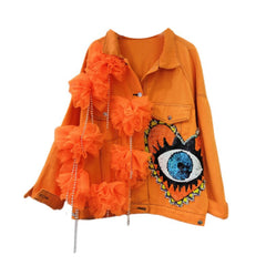 Embroidery Sequins Cartoon Design Denim Jacket - Orange Red