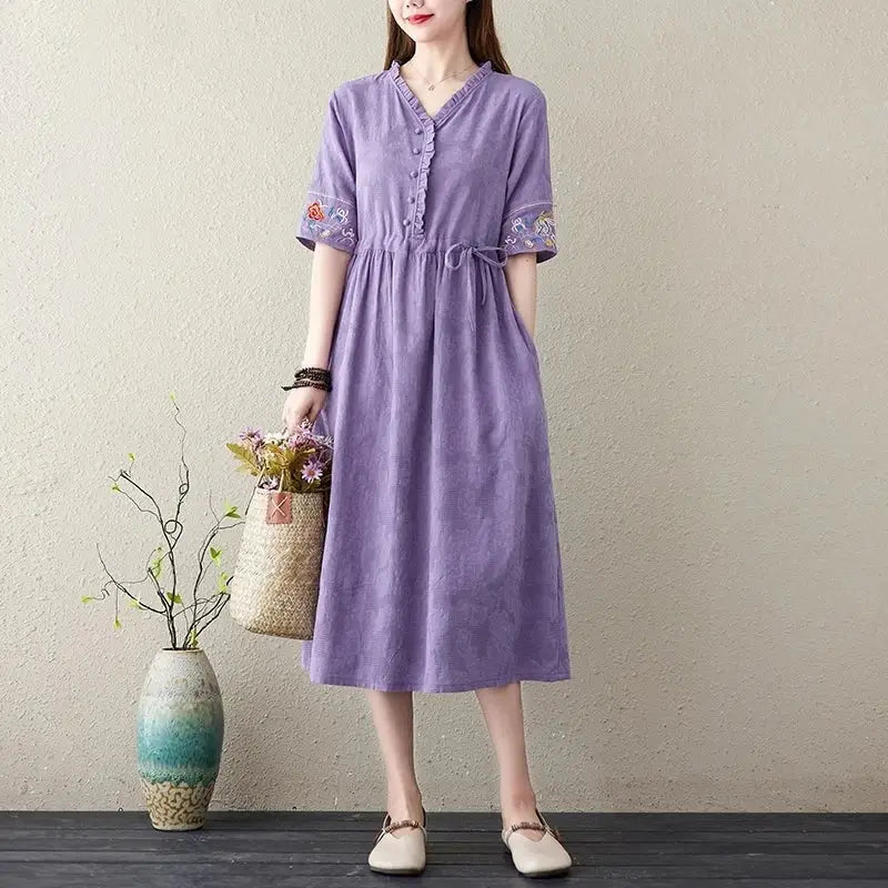Embroidery Short Sleeve Cotton Linen V-Neck Dress