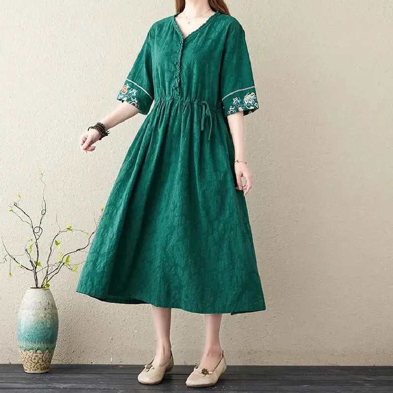 Embroidery Short Sleeve Cotton Linen V-Neck Dress