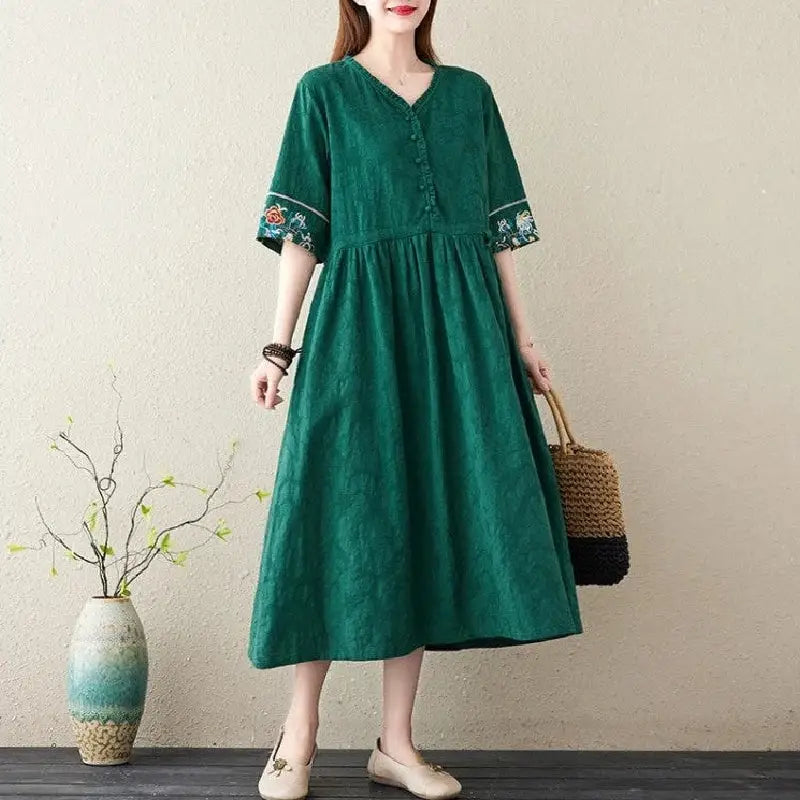 Embroidery Short Sleeve Cotton Linen V-Neck Dress - Green