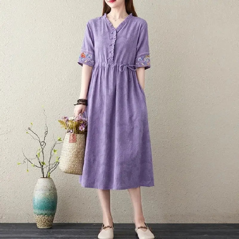 Embroidery Short Sleeve Cotton Linen V-Neck Dress - Light