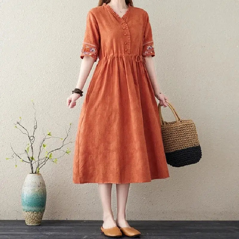 Embroidery Short Sleeve Cotton Linen V-Neck Dress - Orange