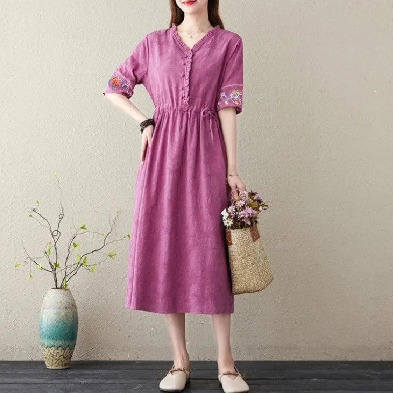 Embroidery Short Sleeve Cotton Linen V-Neck Dress - Purple