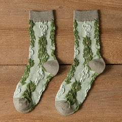 Ethnic Retro Crew Vintage Flower Embroidery Socks - Green