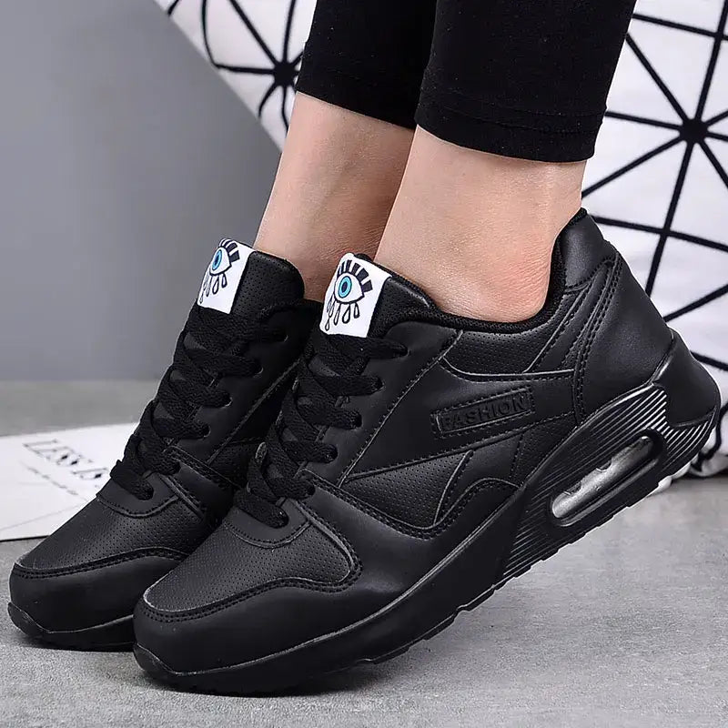 Eye Air Cushion Round Toe Lace Up Sneakers - Black / 35