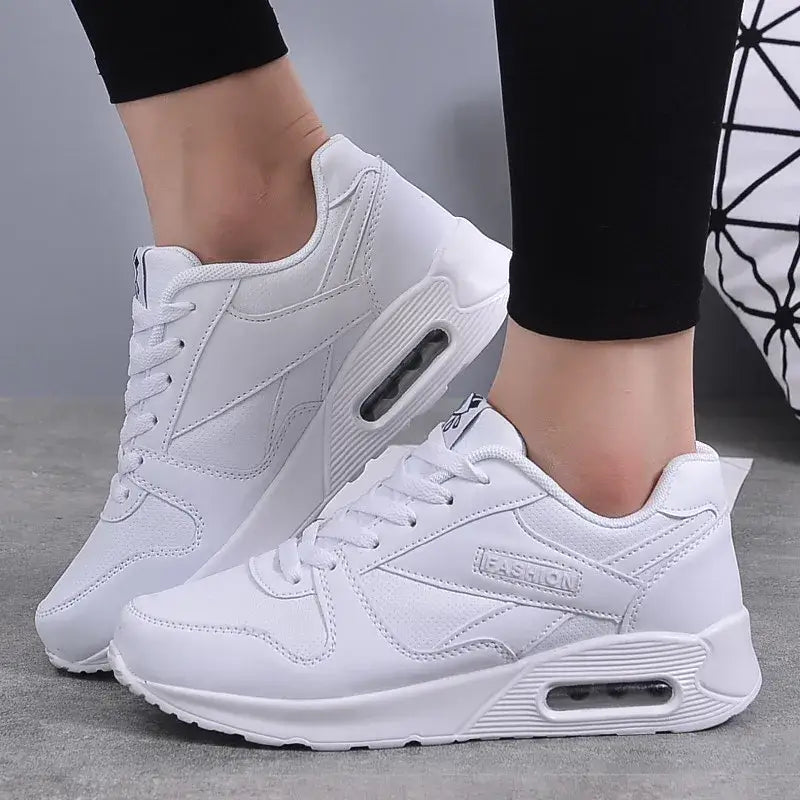 Eye Air Cushion Round Toe Lace Up Sneakers Euro Size White