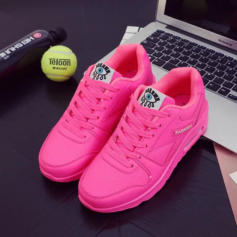 Eye Air Cushion Round Toe Lace Up Sneakers - Fuchsia / 35