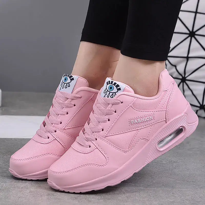 Eye Air Cushion Round Toe Lace Up Sneakers - Pink / 35