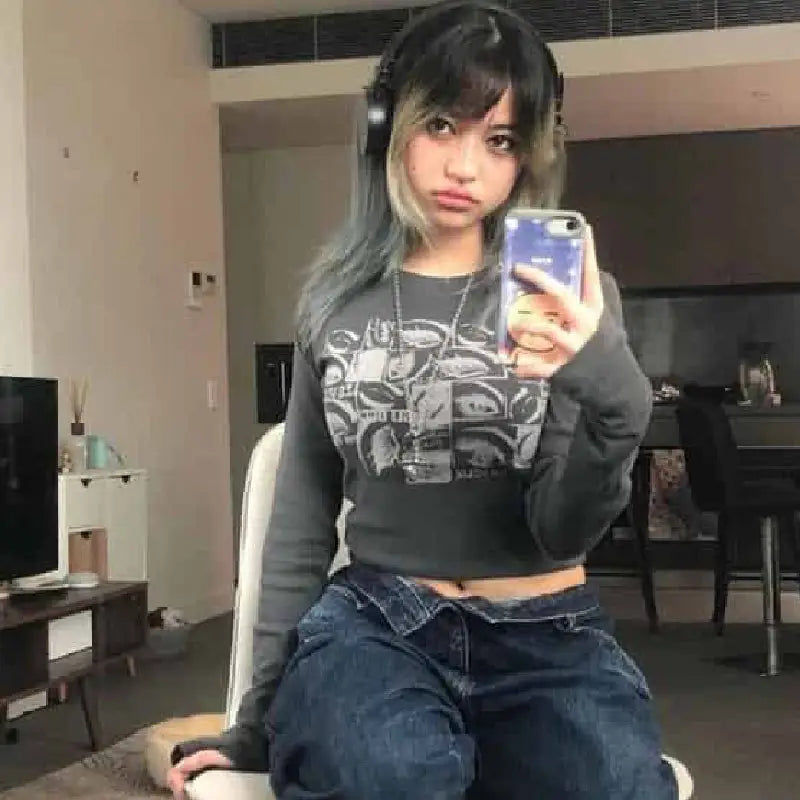 Eye Print Long Sleeve Bodycon Top for Women