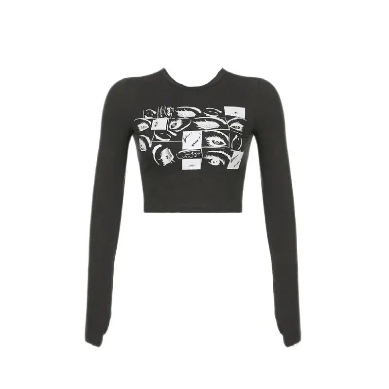 Eye Print Long Sleeve Bodycon Top for Women