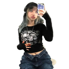 Eye Print Long Sleeve Bodycon Top for Women Black / S