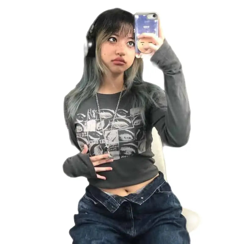 Eye Print Long Sleeve Bodycon Top for Women Gray / S