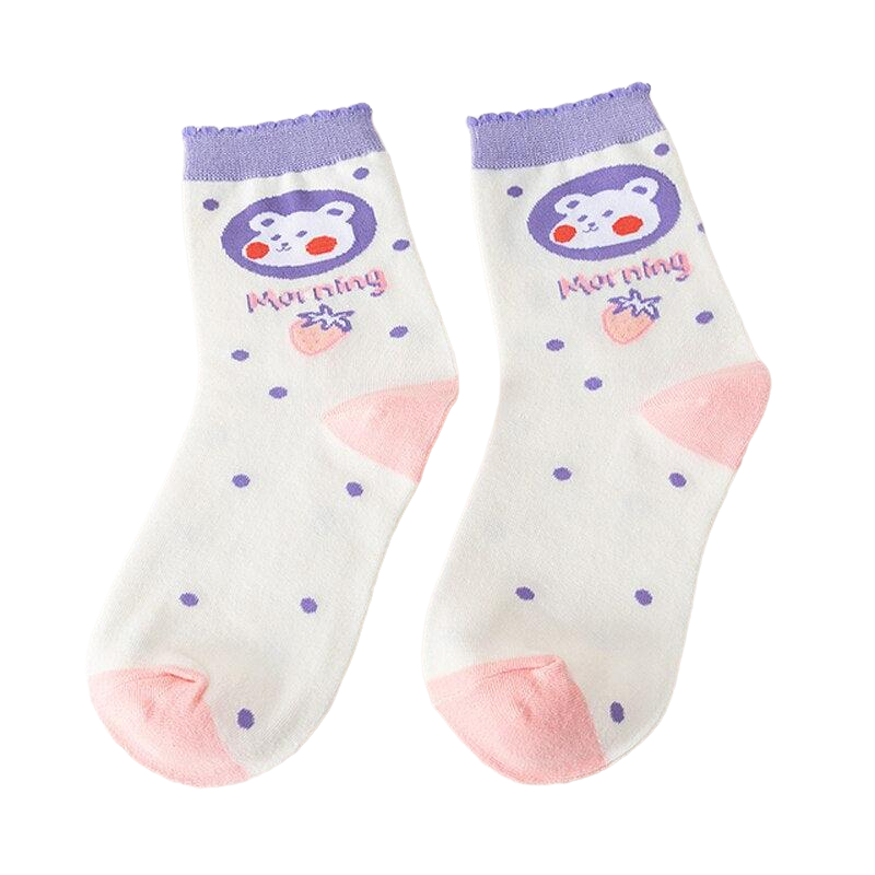 Cute Pastel Cartoon Socks - White-Purple / One Size