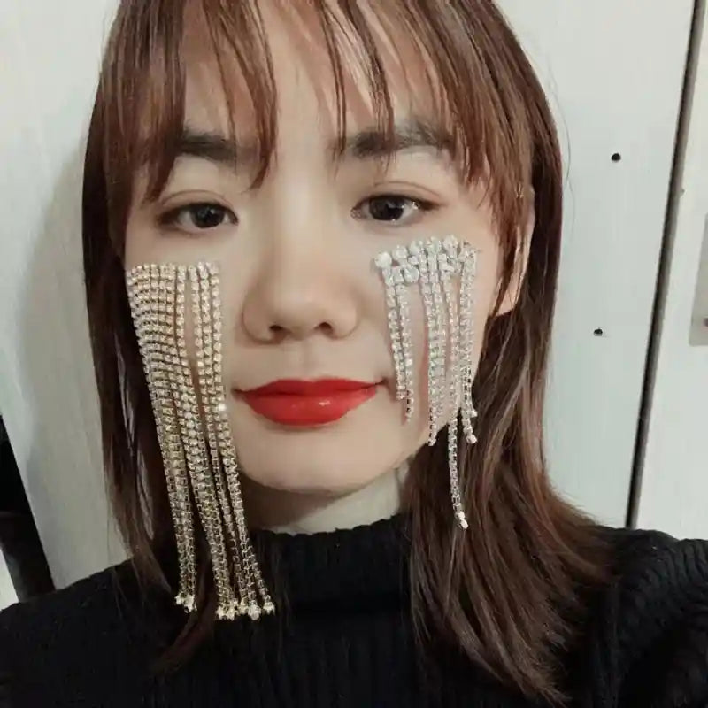 Face Accessories with Long Tassel Chain and Crystal Diamonds