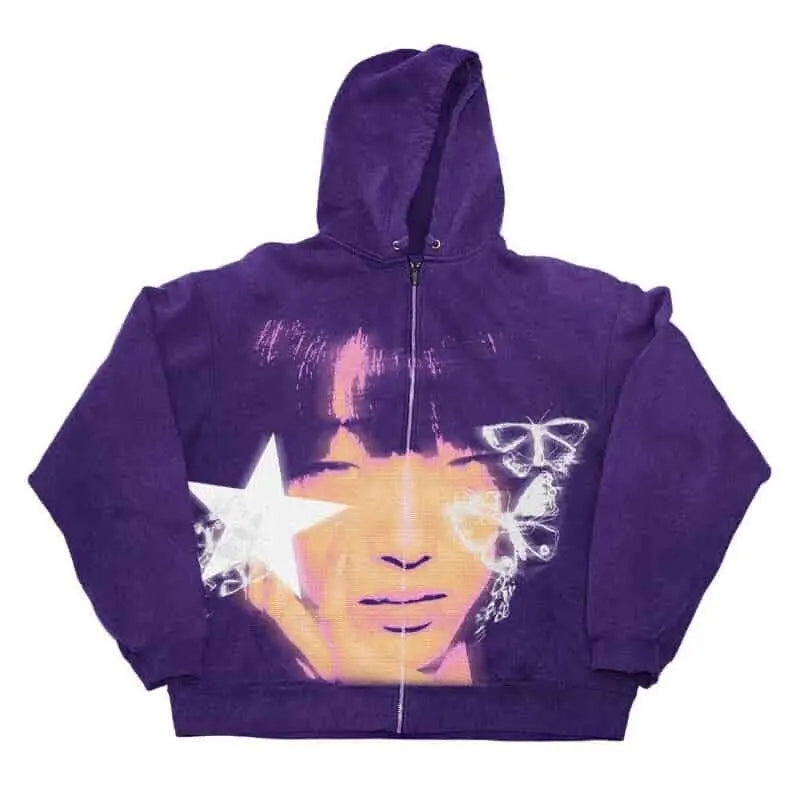 Face Print Zipper Hooded Loose Fit Jacket - Purple / M